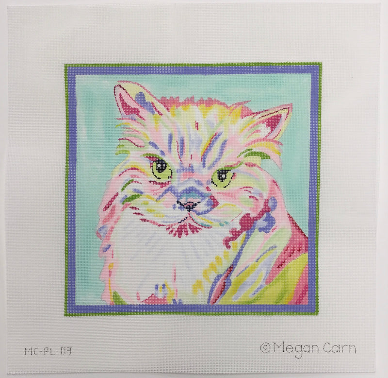 MC-PL-03 - Megan Carn Persian Cat – bright pastels on light aqua