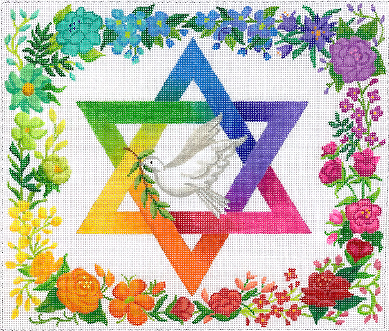TAL-03: Tallis Bag – Rainbow Floral Star of David with Dove – multi on white