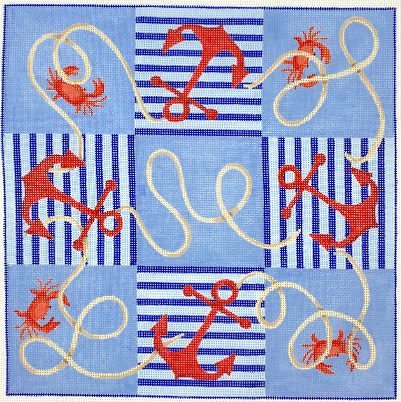 TTT-02 Tic Tac Toe Board – Nautical Anchors and Rope w/ Crabs – red, blues & tans