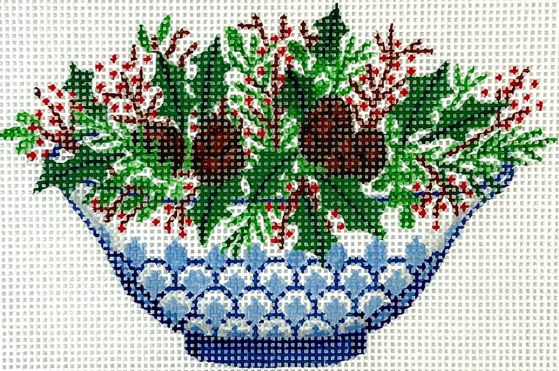 XM-156 Christmas Ornament – Chinese Bowl – Blue & White w/ Greenery, Pine Cones & Red Berries