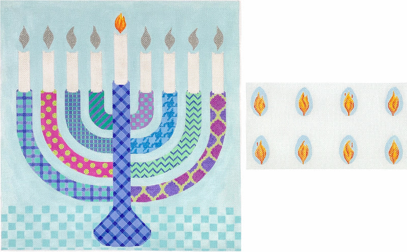 MEN-04 Menorah Set – Bright Funky Patterns with Individual Flames – blues, lavenders, turquoise