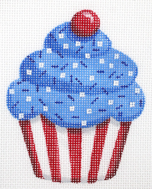 OM-223 Mini Patriotic Cupcake w/ Sprinkles & Cherry on Top – blue frosting in red & white stripe cup