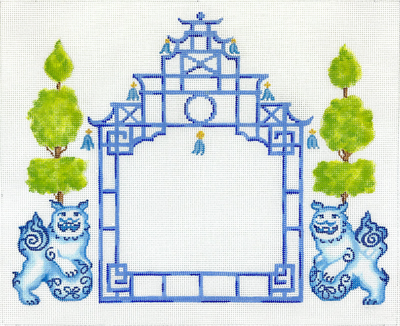 ALCN-10 Chinoiserie Letter – Pagoda w/ Foo Dogs & Topiaries – lues w/ greens (specify letter or blank)