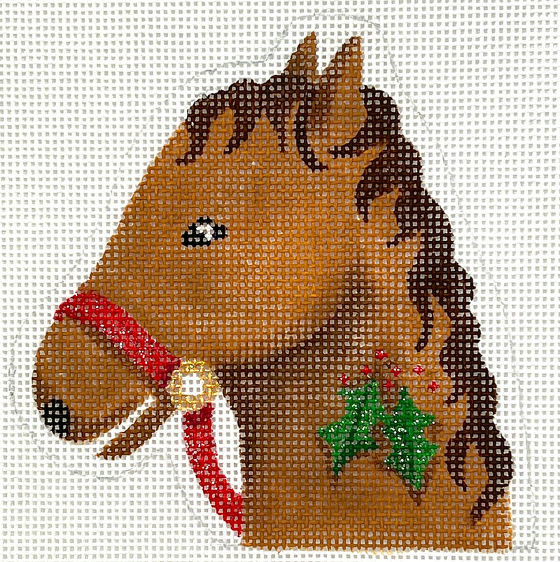 XM-194 Christmas Ornament – Horse w/ Holly Candy Cane Holder – tan & brown