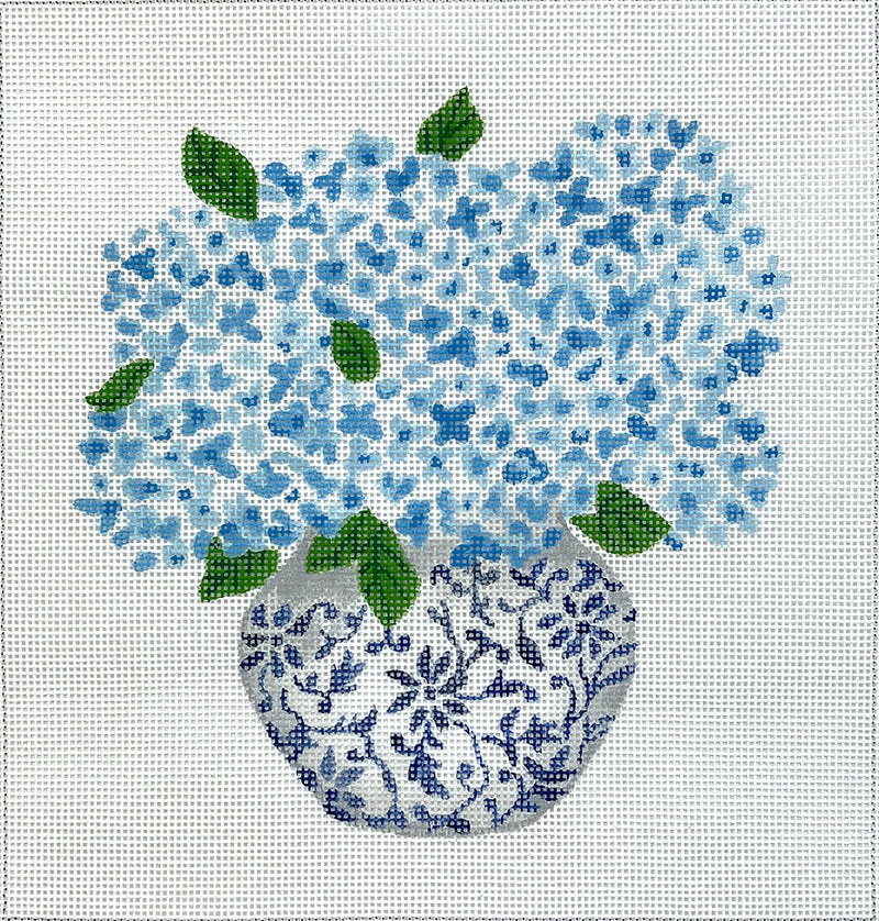 LB-PL-34 Lindsay Brackeen – Blue Chinoiserie Pot w/ Blue Hydrangeas