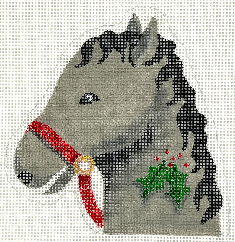 XM-193 Christmas Ornament – Horse w/ Holly Candy Cane Holder – gray & black