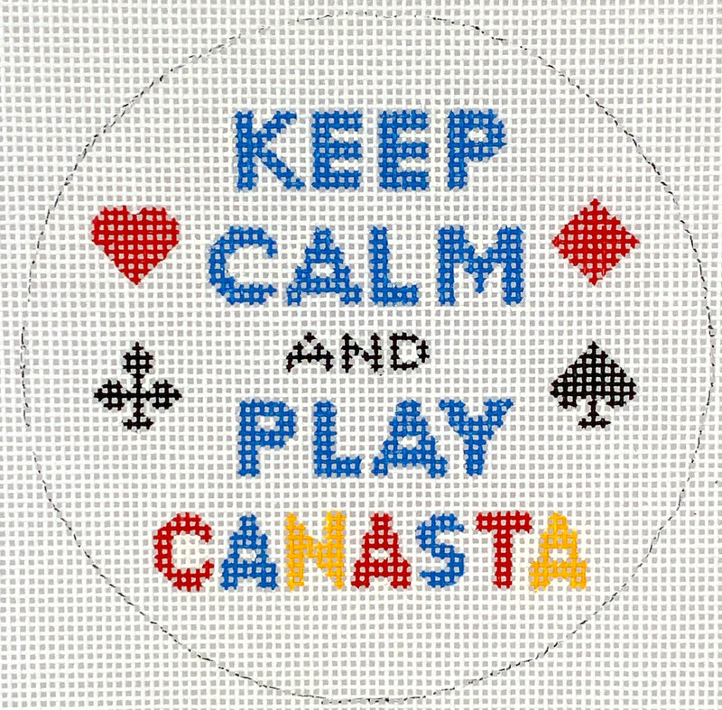 INSMC-72 Planet Earth & Lee 4” Round – Keep Calm & Play Canasta – red, black, yellow & blue on white