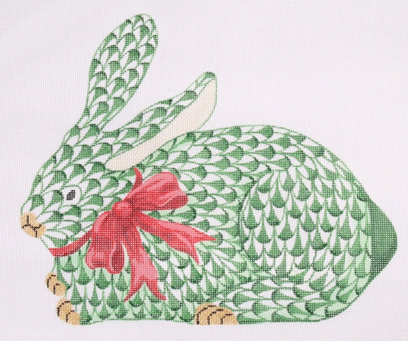 SST-219 Herend-inspired Fishnet Crouching Emerald Bunny w/ Red Bow