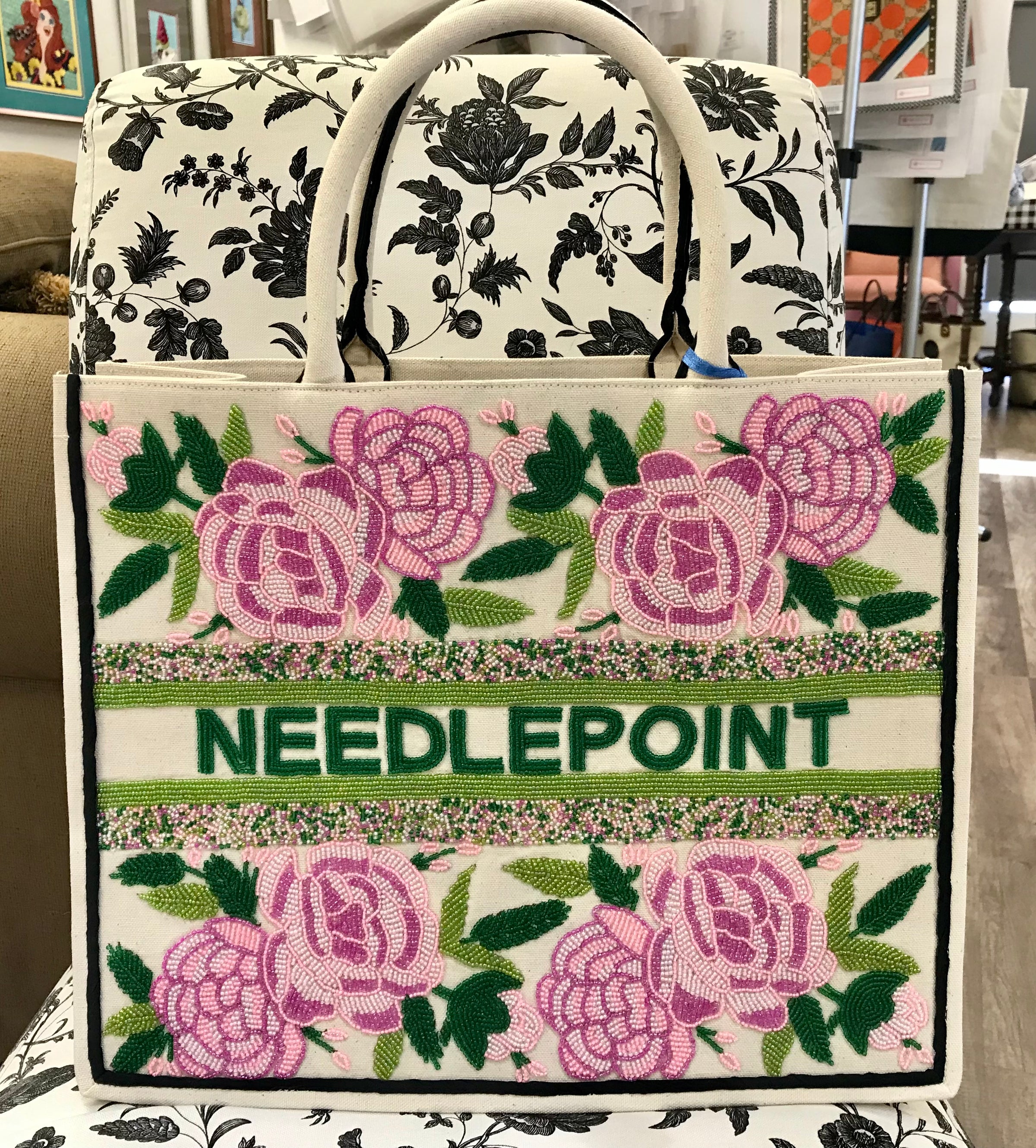 Madeline Tote: Peony Pink w/NEEDLEPOINT – BeStitched Needlepoint