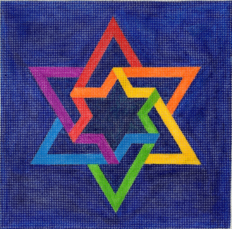 TEF-01: Tefillin Bag – Double Interlocking Star of David – rainbow colors on deep blue