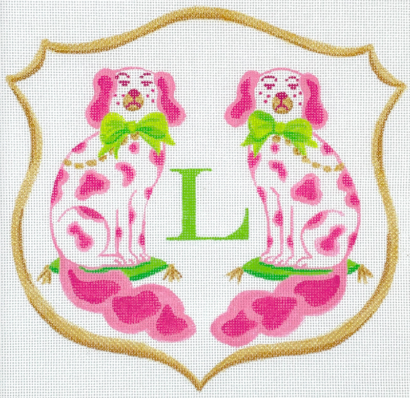 Monogram Crest – Staffordshire Long-tail Dogs w/ Bows – pinks, greens & gold (specify letter or blank)