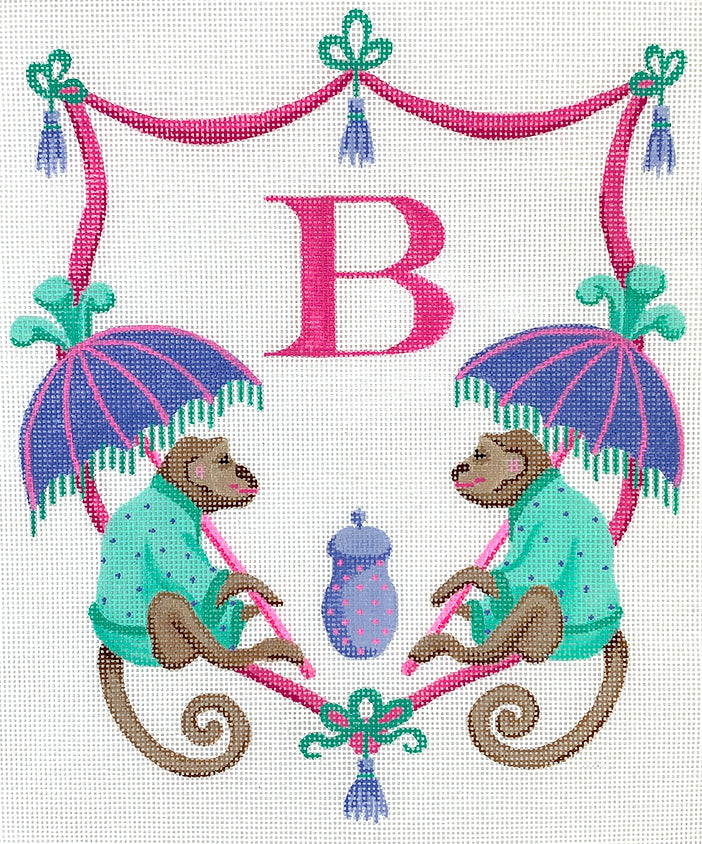 Monogram Crest – Monkeys w/ Parasols – pinks, purples & turquoise
