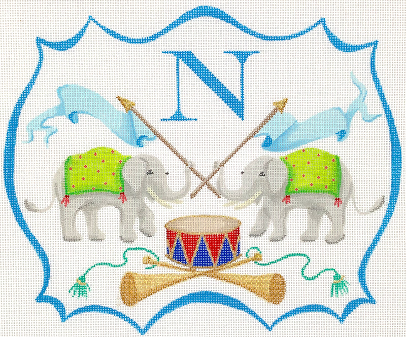 Monogram Crest – Elephants w/ Flags, Drum, Trumpets (specify letter or blank)