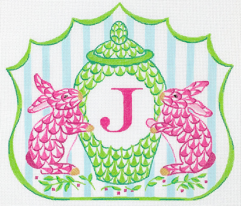 Monogram Crest – Fishnet Bunnies & Porcelain Pot – pinks, greens & soft blue