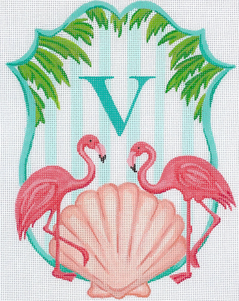 ALCR-13: Monogram Crest – Flamingos, Scallop & Palm Branches w/ Aqua Stripes (specify letter or blank)