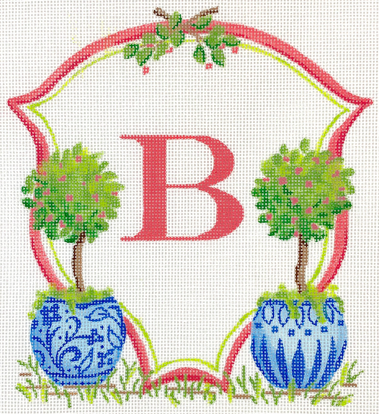 Monogram Crest – Topiaries w/ Coral Berries in Chinese Pots (specify letter or blank)