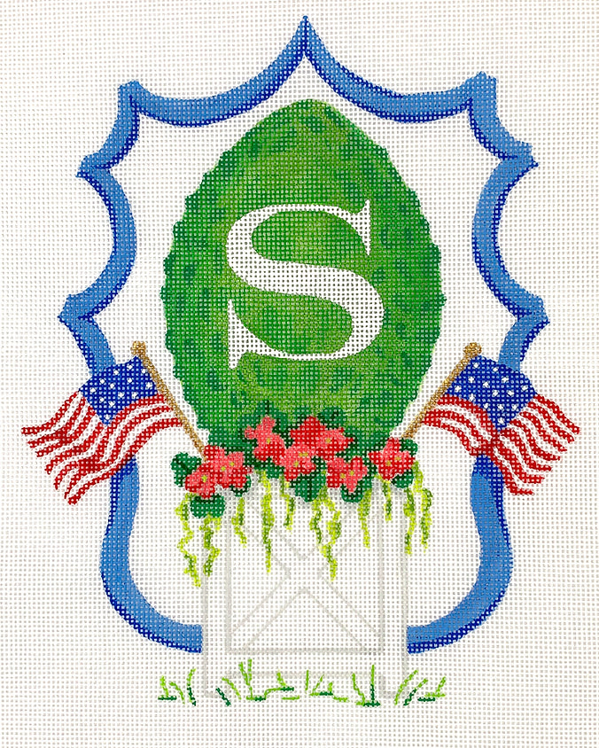Monogram Crest – Planter w/ Topiary, Geraniums & American Flags