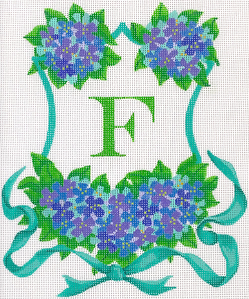 ALCR-19: Monogram Crest – Hydrangeas & Ribbon – blues, lavenders, turquoise (specify letter or blank)