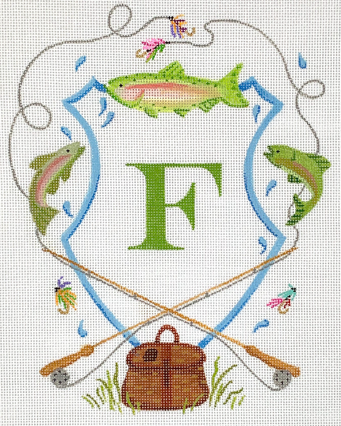 Monogram Crest – Bamboo Fly Fishing Rods, Flies, Rainbow Trout & Wicker Creel (specify letter or blank)