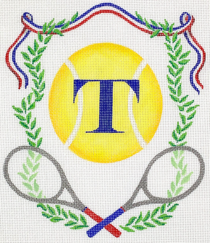 Monogram Crest – Tennis Rackets, Ball, Greenery & Ribbon (specify letter or blank)