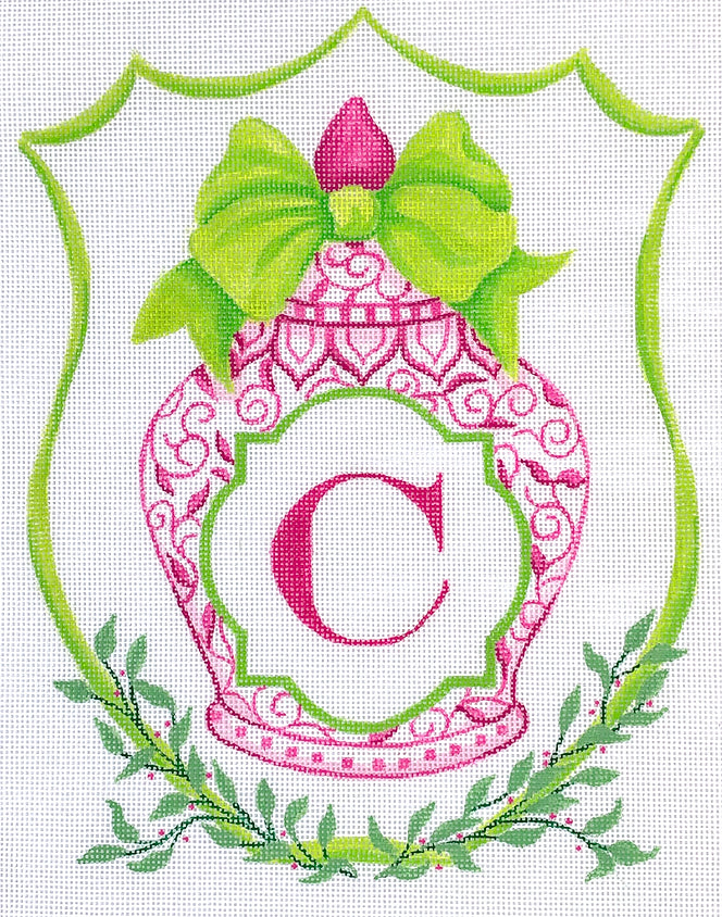Monogram Crest – Chinese Vase with Bow – greens & pinks (specify letter or blank)