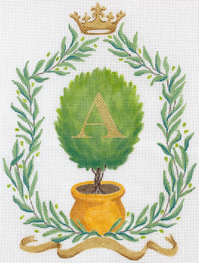 Monogram Crest – Olive Branches w/ Olive Topiary, Crown & Gold Ribbon (specify letter or blank)