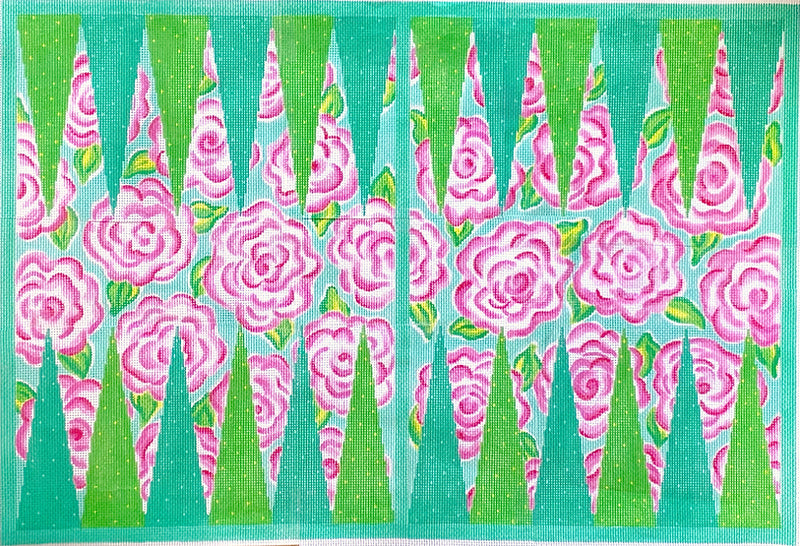 Backgammon Board Canvas – Lilly-inspired Roses – pinks, greens & turquoise
