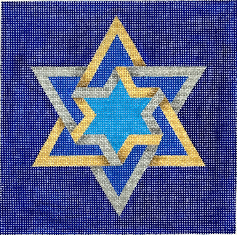 TEF-02: Tefillin Bag – Double Interlocking Star of David – golds & silvers on deep blue