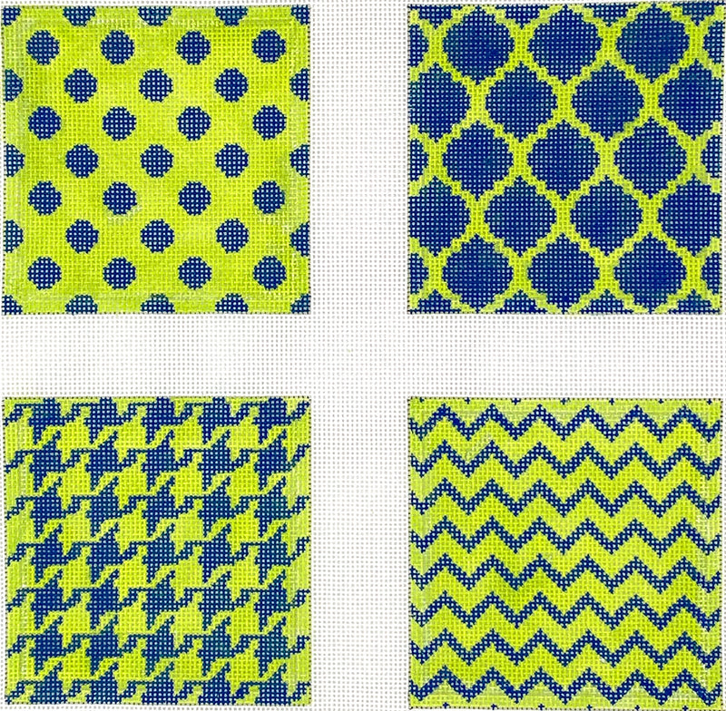 CO4-54 Set of 4 Coasters – Mixed Geometric Patterns – navy & lime