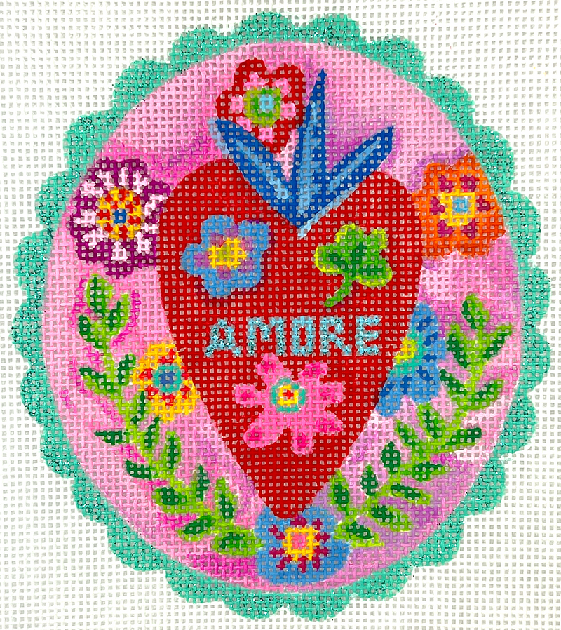 JE-OM-02 “Amore” Red Heart w/Flowers & Leaves on Pink