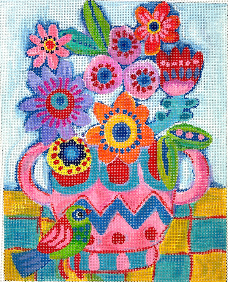 JE-PL-12 Flowers in Pink & Blue Vase w/Green Bird