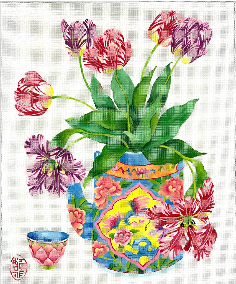 GM-PL-08 Tulips in a Peranakan Teapot w/Cup