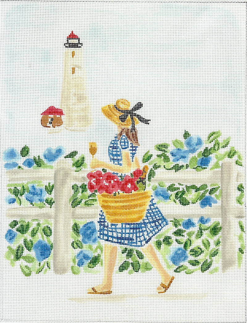 Kate Dickerson - LB-PL-08 Summer Stroll-Blue Gingham Girl w/Champagne & Ligththouse