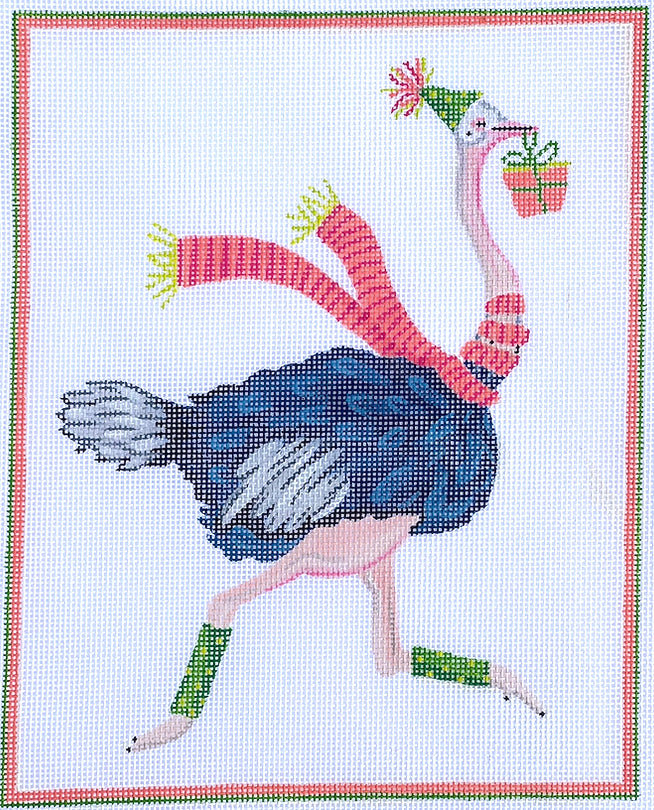 LB-PL-04 Party Animal Ostrich w/Party Hat, Gift and Striped Scarf