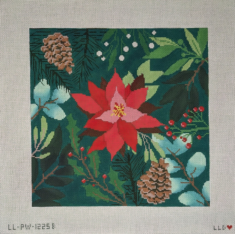 LL-PW-7b Botanical Pillow-Green w/ Red Flower