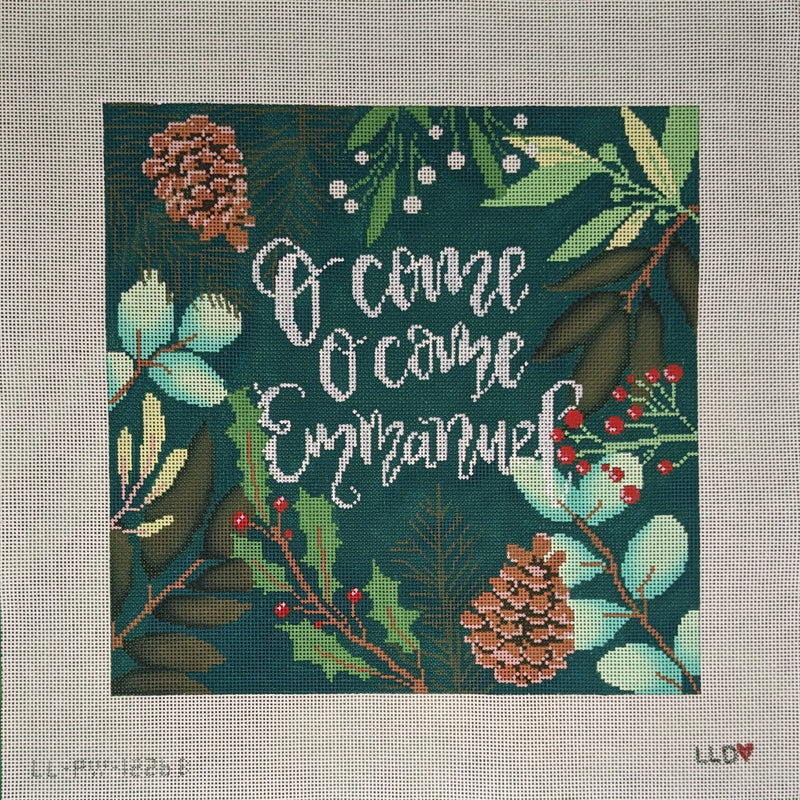 LL-PW-8b Green Botanical Pillow -- O Come O Come Emmanuel