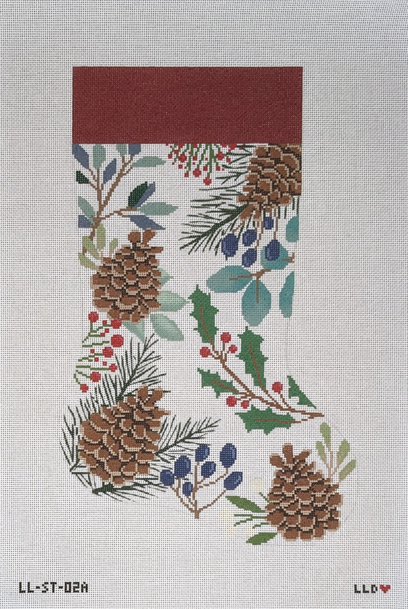 LL-ST-02A White Stocking with Pinecones