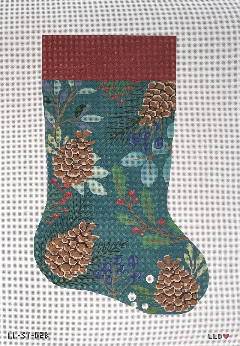 LL-ST-02B Green Stocking with Pinecones