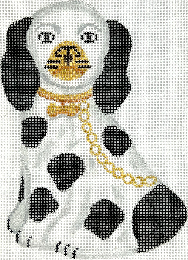 OM-314 Mini Staffordshire Dog – White & Black w/ Gold Chain & Dog Bone Tag