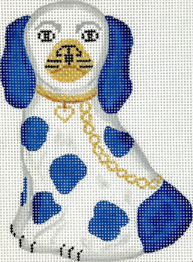 OM-315 Mini Staffordshire Dog – White & Blue w/ Gold Chain & Heart Tag