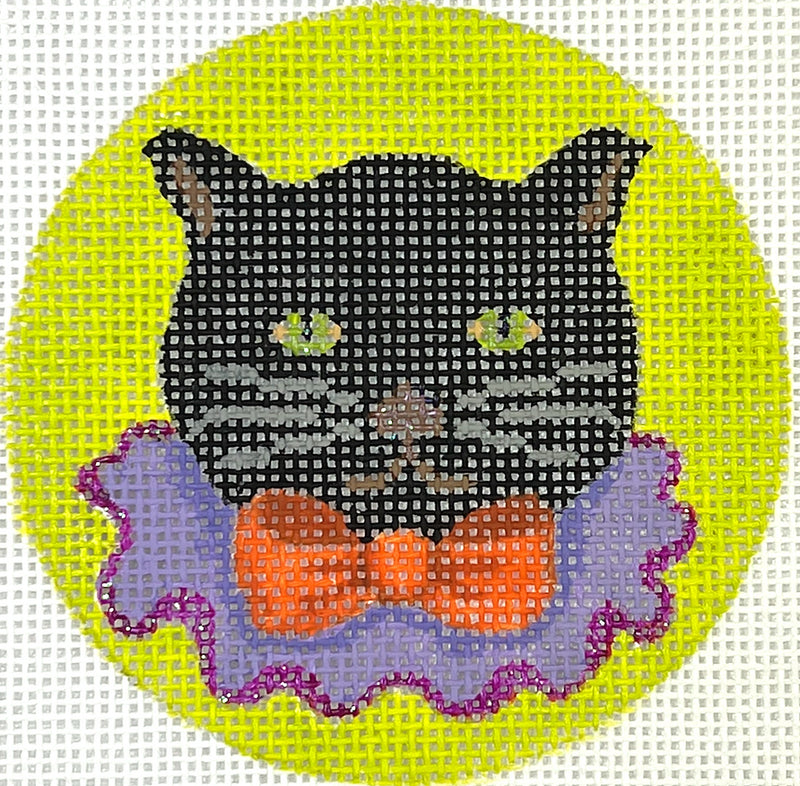Halloween Mini – Black Cat w/ Orange Bow Tie & Purple Ruff on Acid Green Background
