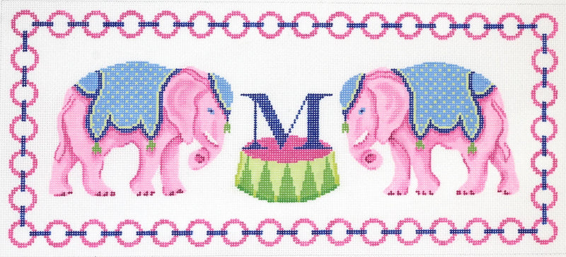 PL-417 Pink Elephants w/ Jewelry Chain Border & Monogram Space – pinks, blues & greens