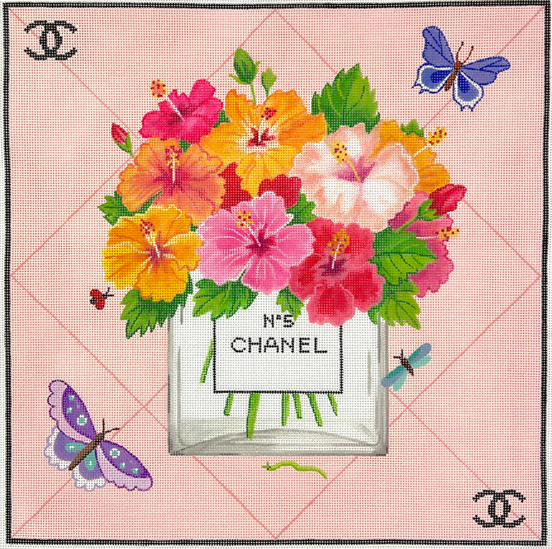 PL-567 Designer Scarf Series - Chanel Inspired Flowers in No. 5 Bottle w/Butterflies