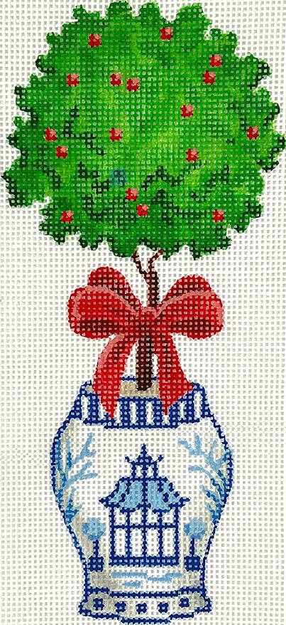 XM-158 Christmas Ornament – Chinese Vase – Blue & White w/ Pagoda, Topiary & Red Bow