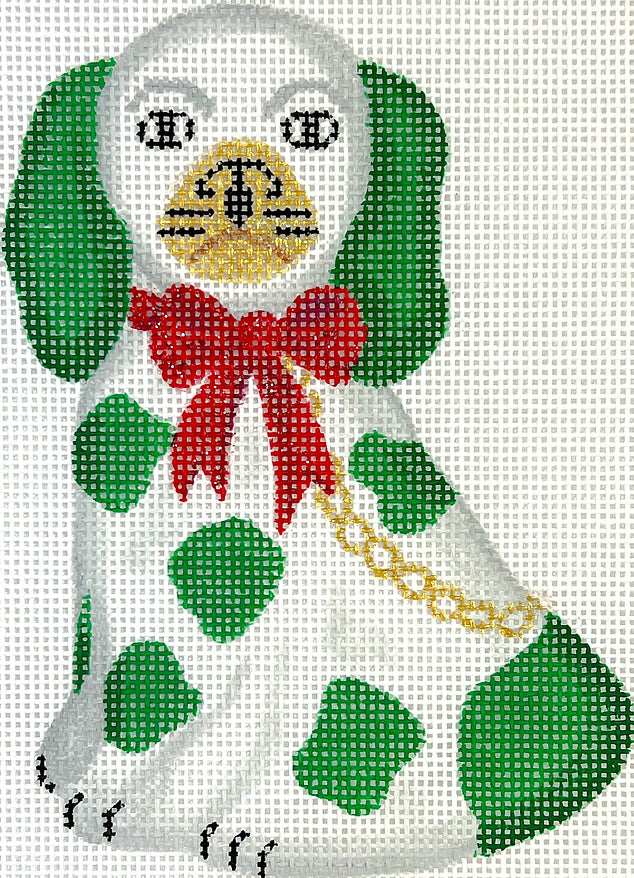 XM-159 Mini Staffordshire Dog – White & Green w/ Gold Chain & Sparkly Red Bow (facing left)