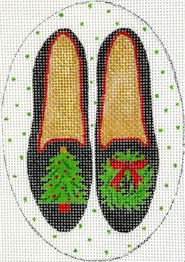 XM-181 Christmas Ornament – Black Velvet Shoes w/ Tree and Wreath