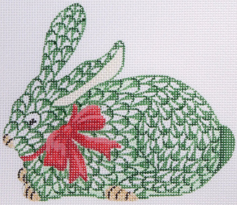 XM-92 Herend-style Crouching Bunny w/ Ribbon – green w/ red & gold