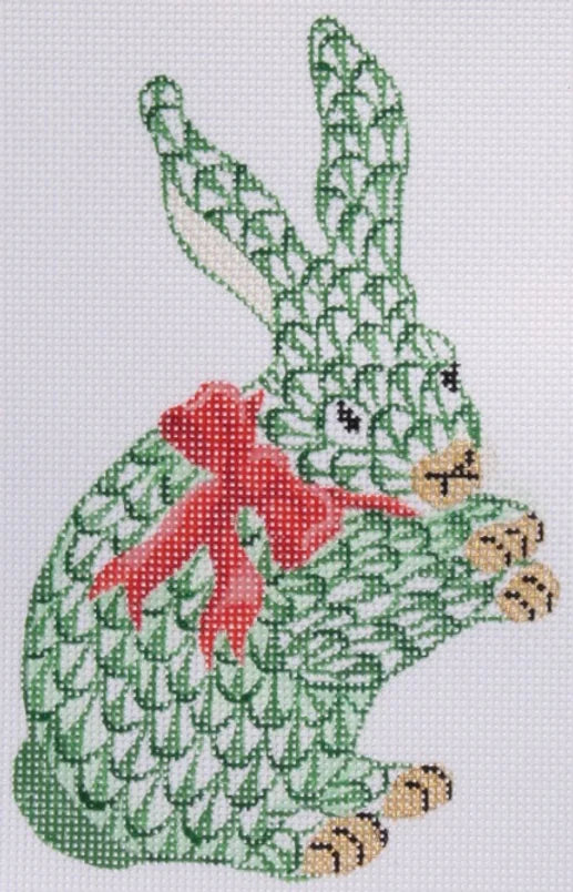 XM-93 Herend-style Standing Bunny w/ Ribbon – green w/ red & gold