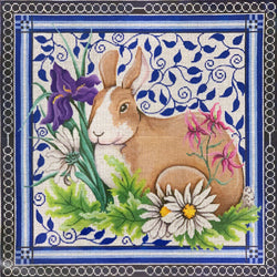 PM1091 Bunny in garden, on blue leaves and blue border 1091