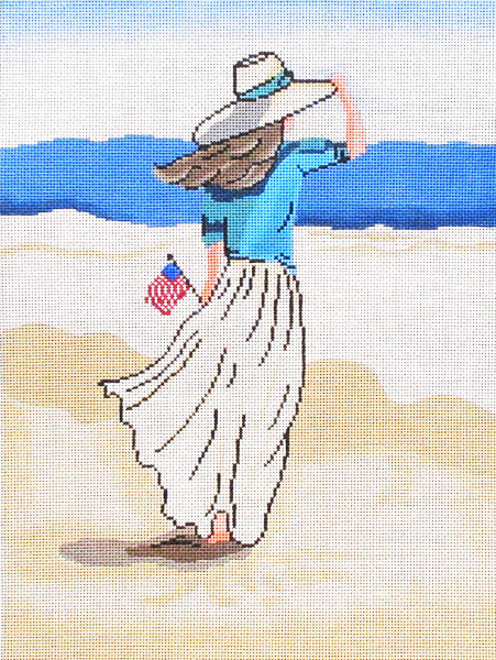 Beach lady with American flag 20005